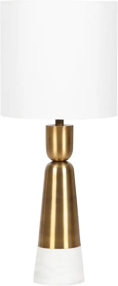 Kate and Laurel Deori Modern Metal and Marble Bedside Table Lamp, 8 x 8 x 20, Antique Brass and White Marble, Decorative Tapered Hourglass Tabletop Desk Lamp with Linen Shade for Living Room Decor