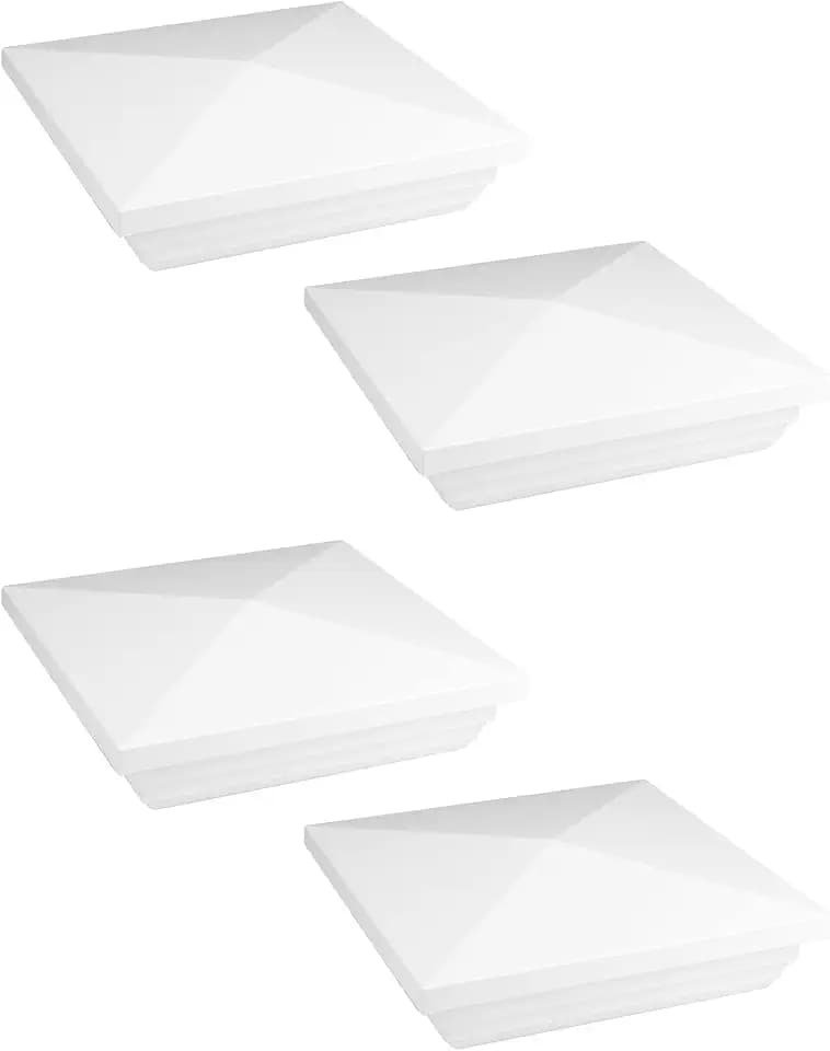 QWORK Vinyl Fence Post Cap, 4 Pack 4" x 4" PVC Square Fence Post Top Cover, New England Pyramid Style, for Mailbox, Lamp Post, Deck, Dock, Piling Caps, White