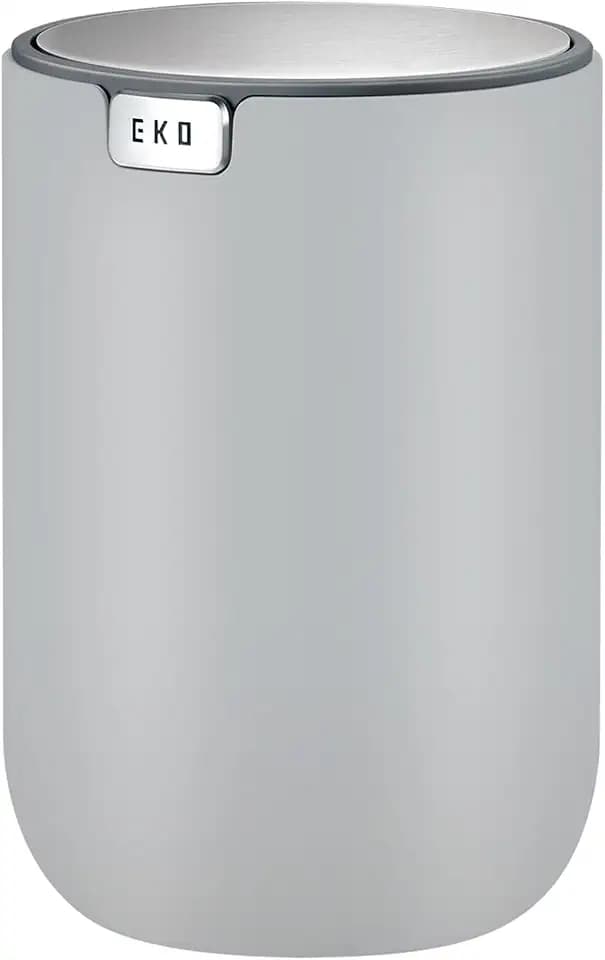 EKO Mini Desk Trash Can with Swing-Top Lid 0.4 Gallon Small Table Round Wastebasket for Office, Home, Car (Grey)