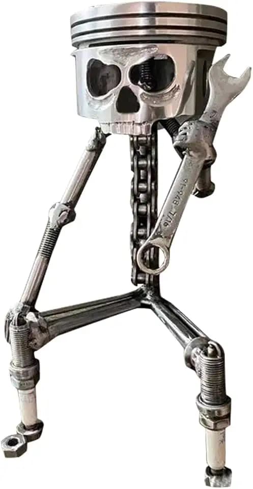 Carving Piston Face Sculpture Metal Art Figurine,Carved Skeleton face Sculpture Ornaments,Handmade Man Head Statue Office Home Table Desk Decor, SliverCarving Piston Sculpture