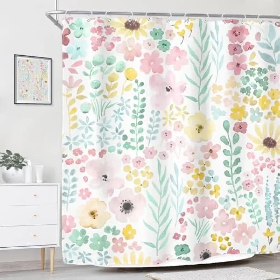 Sage Green Floral Cute Boho Watercolor Plants Bathroom Shower Curtain Set