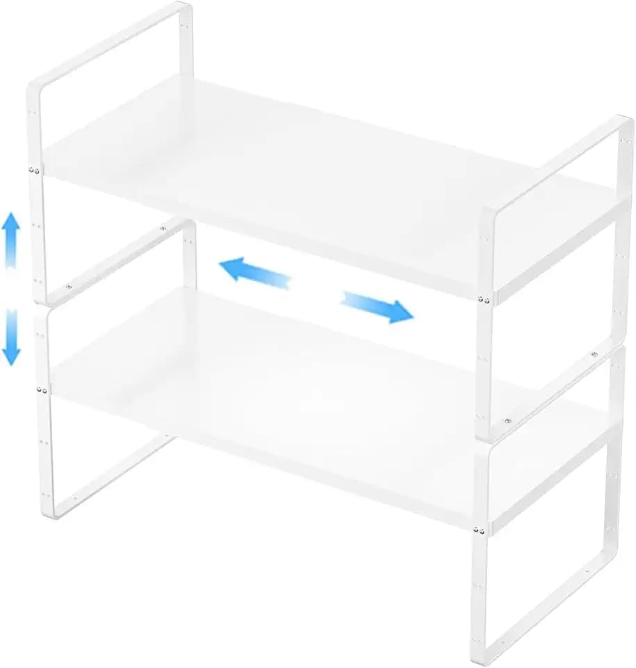 Expandable Kitchen Cabinet Shelf Organizers 2 Pack, Stackable Metal Pantry Storage Shelves Rack, Adjustable Counter Shelf for Cabinets, Countertop, Cupboard Organizers and Storage, White