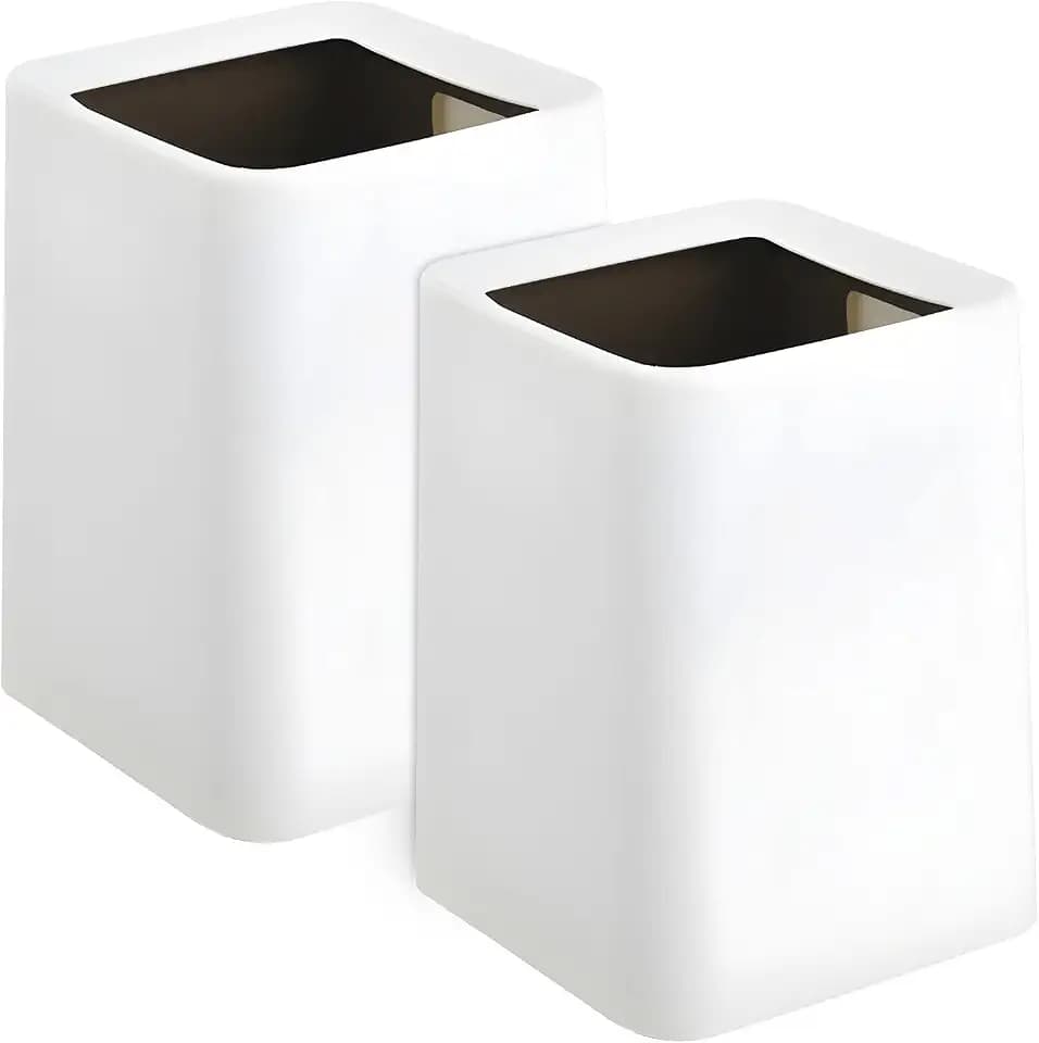 2 Pack Square Modern Trash Can Bedroom, 3Gal/12L Bathroom Trash Can Hidden Bag, Open Top Trash Bin Square Plastic, Minimalist White Garbage Can with Inner Bucket (with 2 Handles) for Kitchen Office