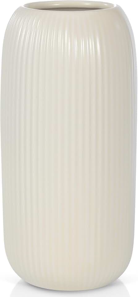 Ceramic Vase for Flowers – Modern Small Ribbed Textured Flower Vase for Home Decor, Pampas Grass, Decorative, Farmhouse, Coffee Table, Kitchen Centerpieces, Bookshelf and Home Living (Beige)
