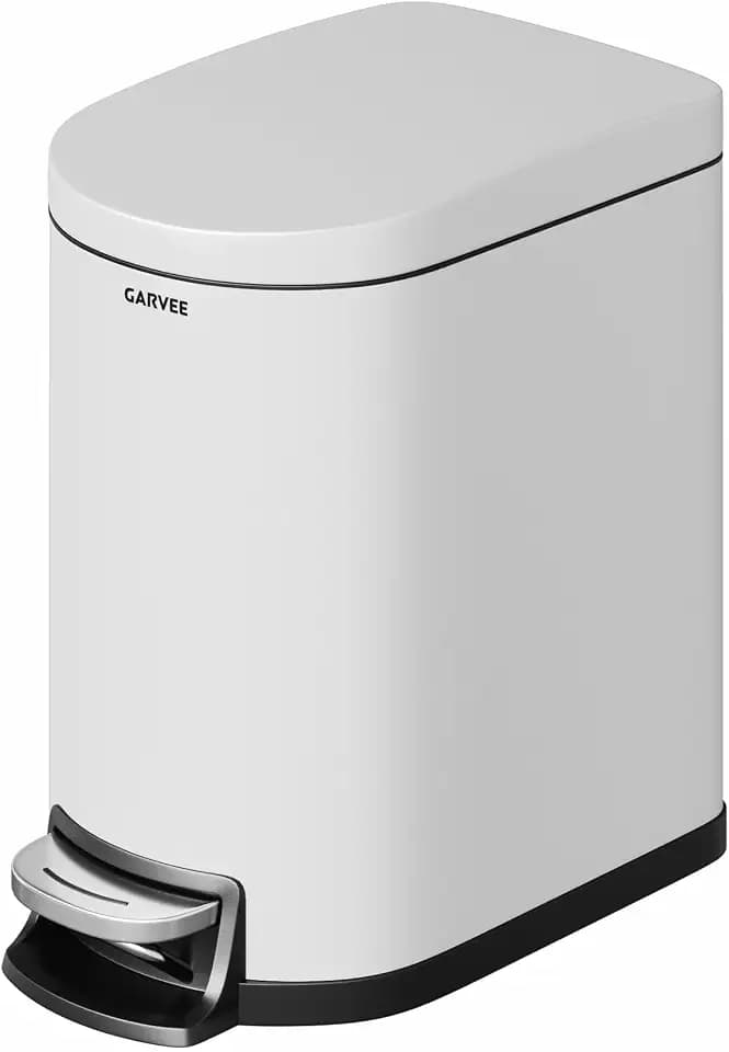 Garvee 1.6 gal / 6 L Metal Bathroom Trash Can with Lid, Slim Waterproof Garbage Can for Bedroom, Small Step-on Trash Bin with Inner Bucket, Rear Handle, Soft Close Lid, White