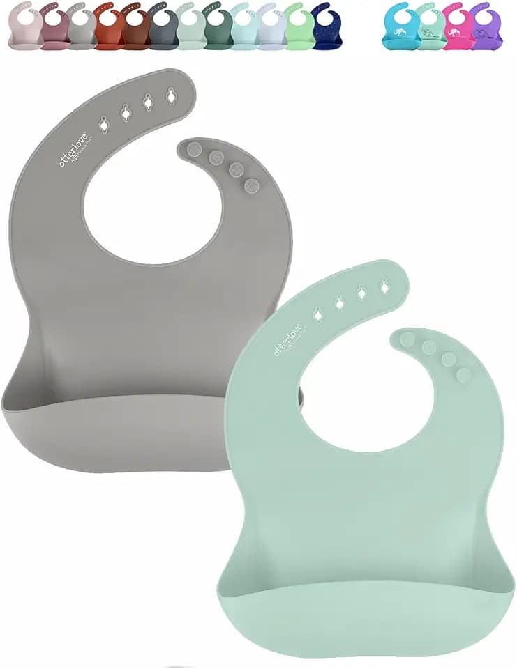 otterlove Silicone Bib – 100% Pure Platinum LFGB Baby Bibs with No Fillers – Wide Food Catching Pocket – Easy Clean – Mess Proof – Dishwasher Safe – BPA & Phthalate Free (2 Bib Pack - Sage & Sand)