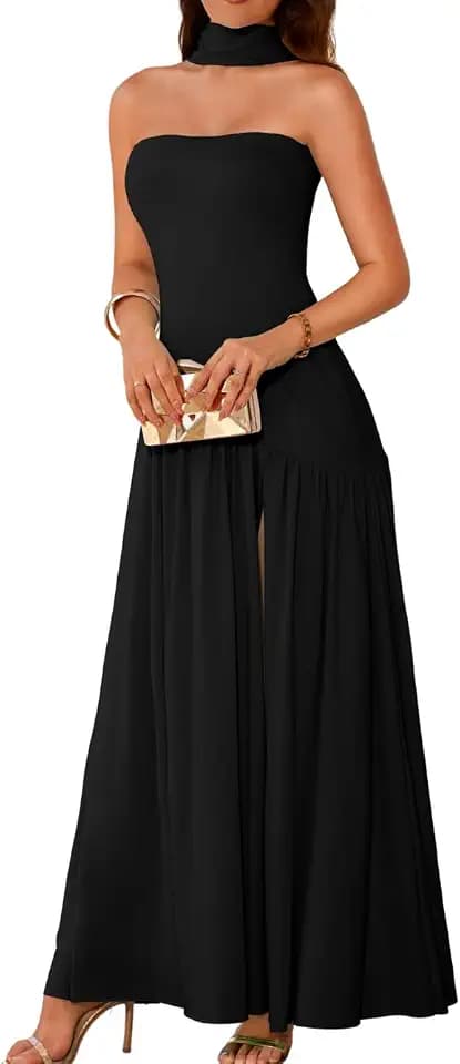 ChiaoLezhee Women's Maxi Tube Dress with Scarf, Drop Waist High Slit Formal Prom, Wedding Guest Cocktail Party Gown