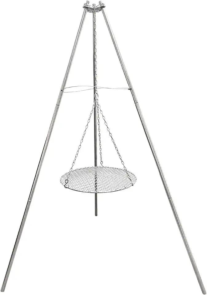 YBTMG Camp Fire Tripod for Cooking, Stainless Steel Camping Fire Grill with Adjustable Chain, 13.78" Stainless Grill Grate for Camping Hiking BBQ