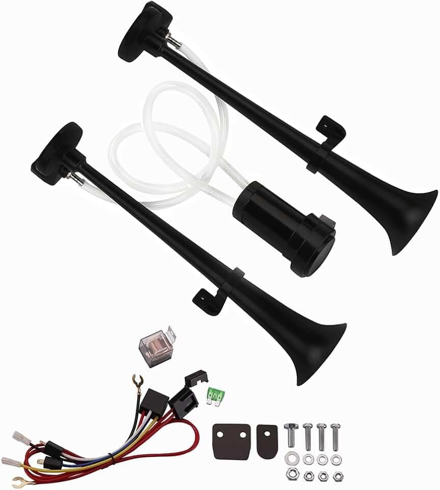 NEWFUN Druckluft Hupe 12v, Drucklufthorn 12v, Lkw Horn, Beschichtung durch kathodische Elektrophorese, für Auto Lkw Pkw Dreirad Boot Train usw (Bausatz mit Kompressor) (Schwarz)