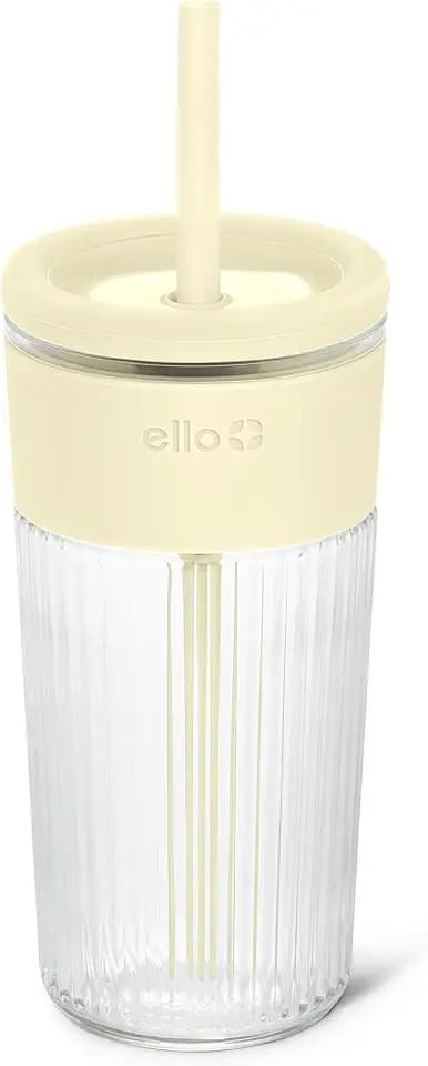 Ello Ava 18oz Glass Tumbler with Straw and Lid for Iced Coffee, Lemon