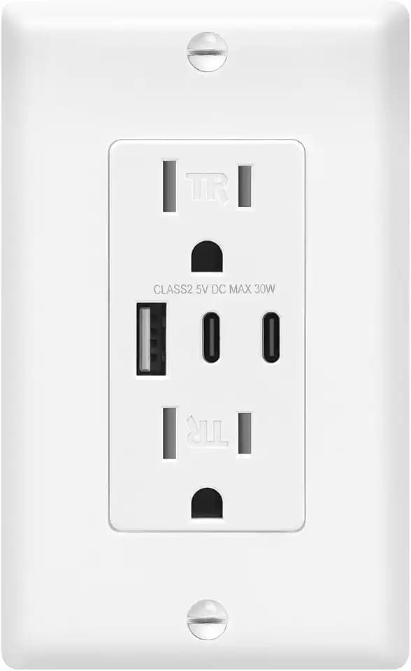 ECOELER 6.0A 3-Ports USB Wall Outlet with 15Amp Tamper Resistant Receptacle