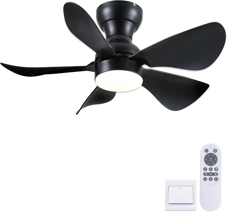 Kviflon 30" Black Small Low Profile Ceiling Fans with Light Remote Control