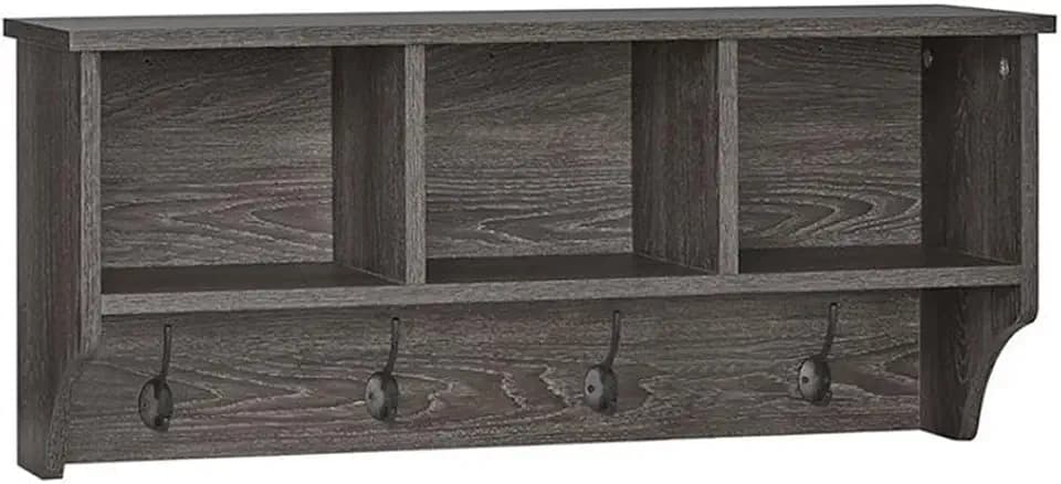 RiverRidge Home Woodbury Collection Cubbies and Hooks Wall Shelf, Dark Weathered Woodgrain