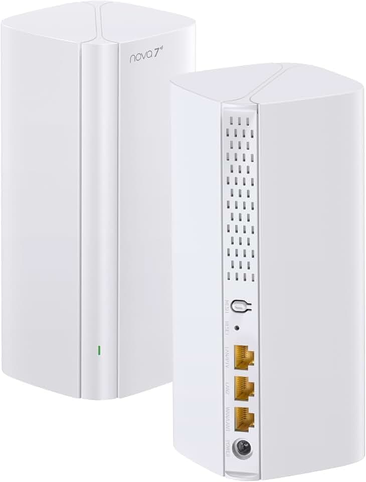 Tenda Nova ME3 Pro Wi-Fi 7 Mesh System (BE3600 Dualband 2882Mbit/s 5GHz, 688Mbit/s 2,4GHz) 3X Gigabit-Ports pro Einheit, VPN, NFC, 4K-QAM, WPA3, empfohlen für Häuser mit 3-4 Schlafzimmern, 2er-Pack