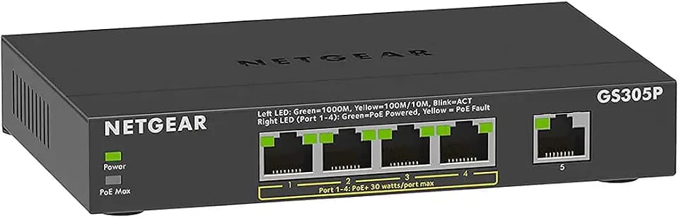 NETGEAR GS305P PoE Switch 4 Port Gigabit Ethernet LAN Switch PoE+ 63W (5 Ports Plug-and-Play Netzwerk Switch PoE, lüfterlos, Robustes Metallgehäuse)