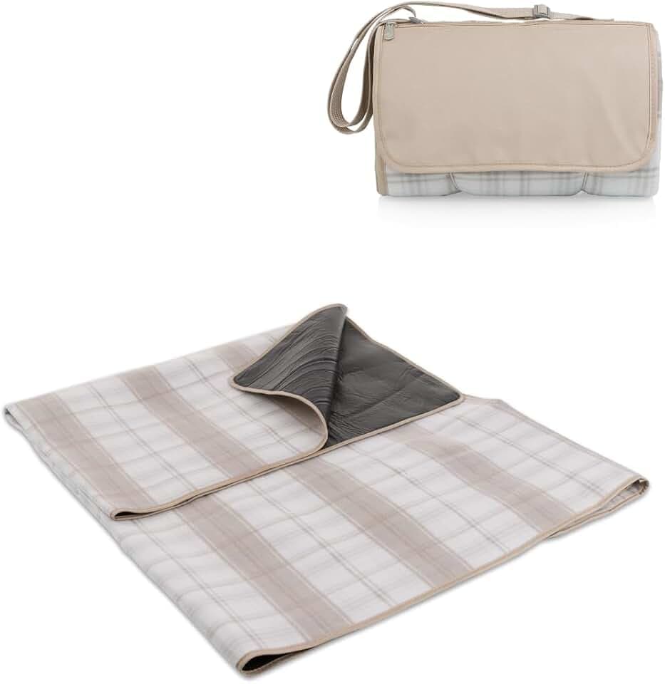 Picnic TIME Outdoor Picnic Blanket Tote, 59"x51" Foldable Beach & Camping Blanket with Soft Fleece, Water-Resistant Bottom, Adjustable Strap & Zippered Pocket (Neutral Plaid)