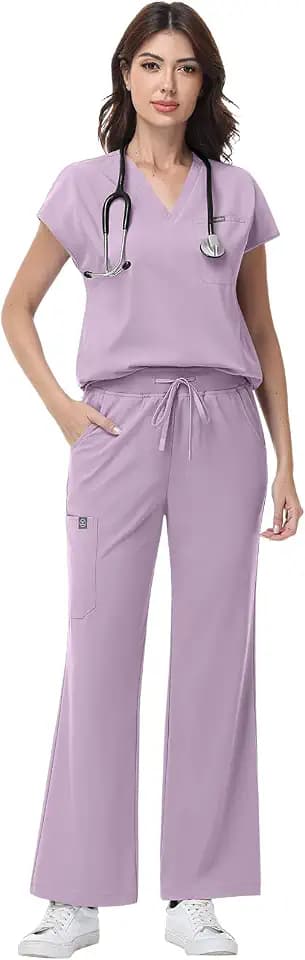 niaahinn Scrub Set for Women - V-Neck Scrub Top & Wide-Leg Pants Medical Uniforms with Stretch Fabric, Multiple Pockets