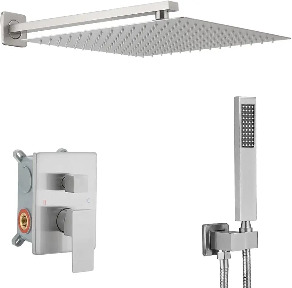 Brushed Nickel Shower System 16 Inch Bathroom Luxury Rain Mixer Shower Combo Set Wall Mounted Rainfall Shower Head and Handheld System Shower Faucet Set Rough-in Valve Body and Trim Kit