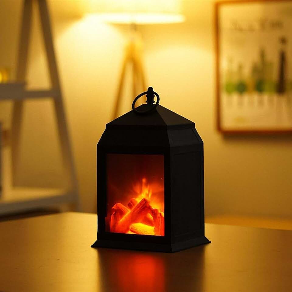 Small Cozy Fireplace Lantern Traditional Realistic Log Wood Burning Flame Effect Ligh LED Charcoal Style Table LampFor Indoor & Outdoor Use