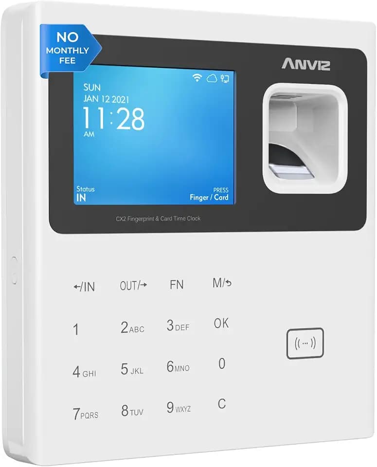 ANVIZ Time Clocks for Employees Small Business - Forever Free Cloud Software - W1 Fingerprint Biometric Clock in and Out Attendance Machine, White