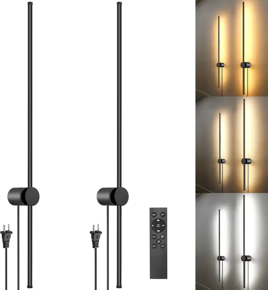 GOODATE Wall Sconces Set of Two with Remote, Stepless Colors 3000K-6500K & Stepless Dimming, Hardwire or Plug-in, 180° Rotate, LED Black Plug in Wall Sconces with Timer & Night Light, 39.4 Inches