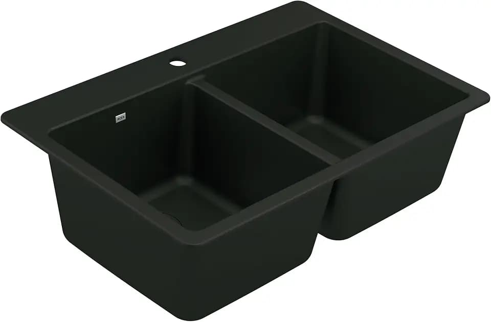 Moen Host Black Granite 33-Inch Wide x 9.5-Inch Deep Dual Mount Double Bowl Kitchen Sink, GGB3028B