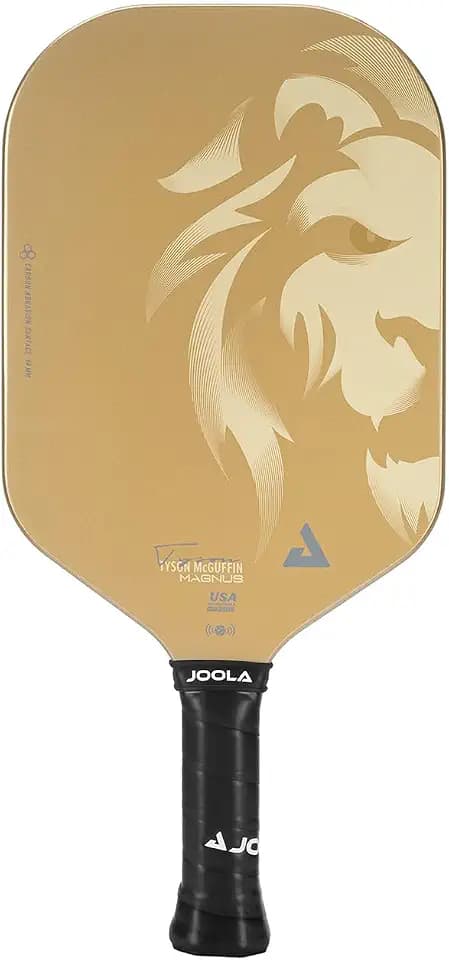 JOOLA Magnus CAS 14mm Pickleball Paddle - Gold Tyson McGuffin Lion Paddle - Edgeless Design & Short Handle - Lightweight Double Frame Carbon Fiber Core - Extra Long Length - Carbon Surface Adds Spin