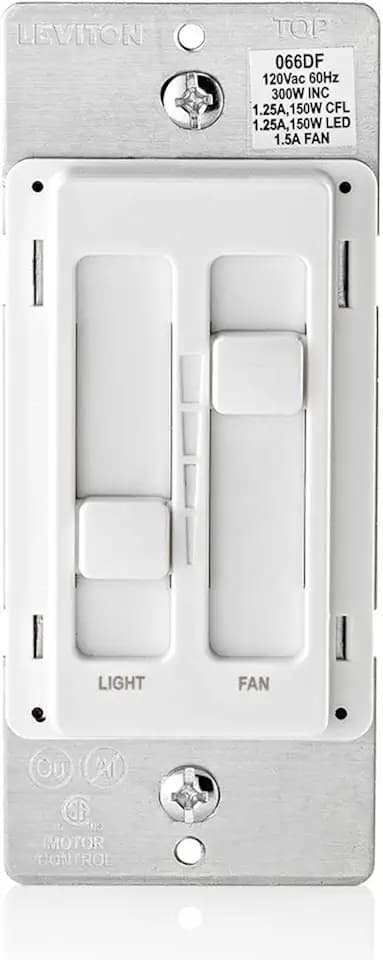 Leviton SureSlide Ceiling Fan Control and Dimmer Switch for LED, Halogen and Incandescent Bulbs, 66DF-10W, White