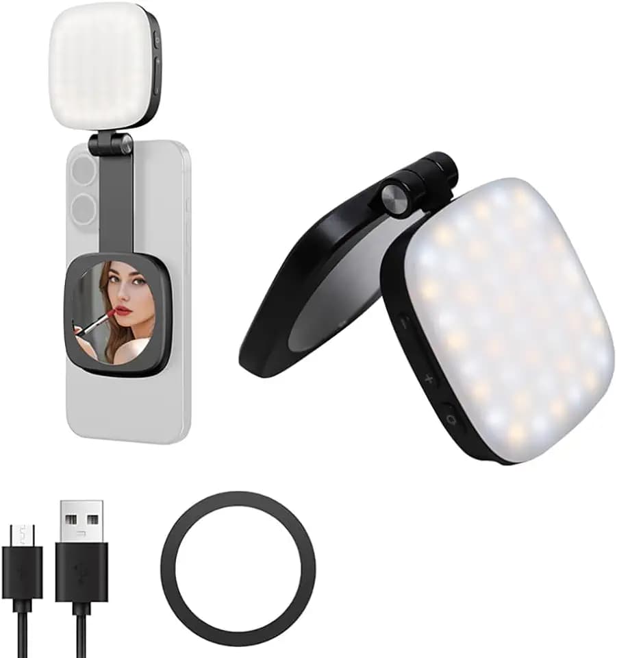 Magnetic Selfie Light for iPhone,Phone Light with a Mirror,Folding LED Phone Fill Ring Lighting,Rechargeable Portable Fill Light for Photography/Video Recording/Conference/Vlog/Makeup (Black)