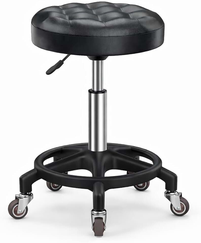 Adjustable Rolling Stool with Upgraded Smooth & Quiet Bearing Rubber Wheels, Class-3 Gas Lift, Heavy Duty Swivel Work Seat with PU Leather Cushion, 18"-23" Height for Garage, Salon, Office & Workshop