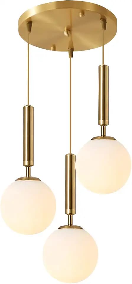 KCO 3-Light Milk Glass Globe Cluster Pendant Lighting Brass Gold Chandelier