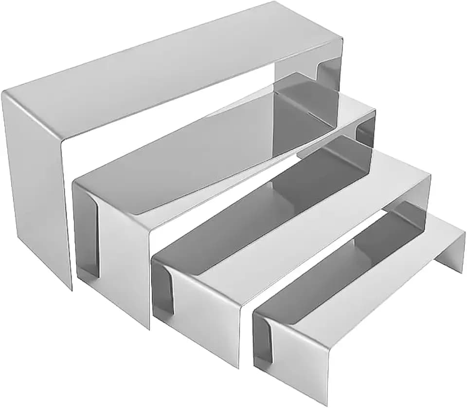 PROFIKLA 4 Pcs Silver Stainless Steel Display Risers, Display Stand for Display Cupcake Dessert Perfume Purse Handbag Shoe Jewelry and Funko Pop