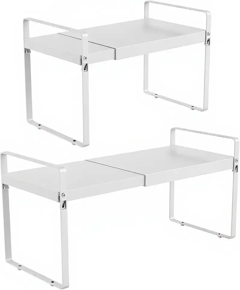 11" Deep Expandable Cabinet Shelf Organizer Riser, 2-Pack White