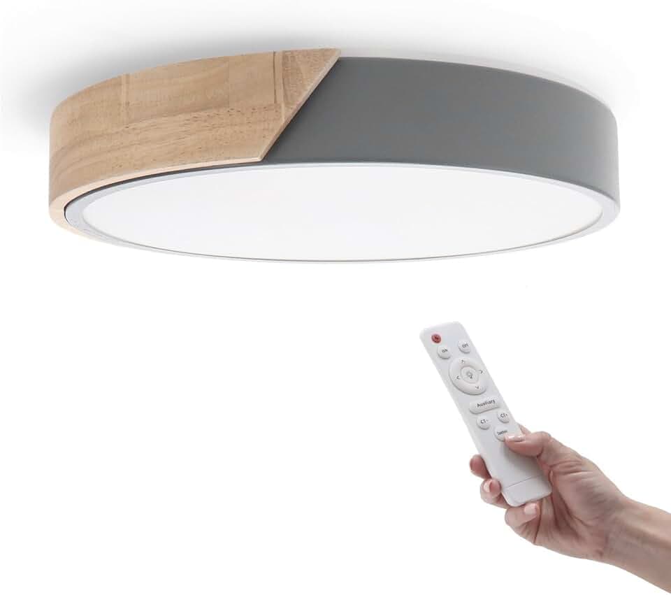 M Ledme - LED-Deckenleuchte, Grau, rund, 24 W, mit Fernbedienung, dimmbar, 2700 K-6500 K, kaltweiß bis warmweiß, 2400 lm, Design Weiß mit Naturholz, für Badezimmer, Küche, Balkon, LM8285