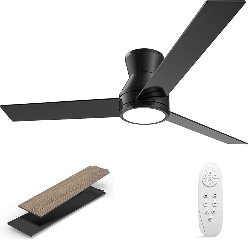 Ceiling Fans with Lights, 52 Inch Black Low Profile Ceiling fan with Light and Remote Control, Flush Mount, Reversible, 3CCT, Dimmable, Noiseless, Small Ceiling Fan for Bedroom, Indoor/Outdoor Use