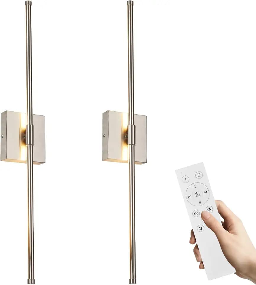 LED Wall Sconces with Remote Control, Dimmable Wall Sconces Set of 2, 5 Colors 3000K-6500K & Dimmable, Hardwire Wall Light with Timer & Night Light, LED Nickel Wall Lamps for Living Room, Bedroom