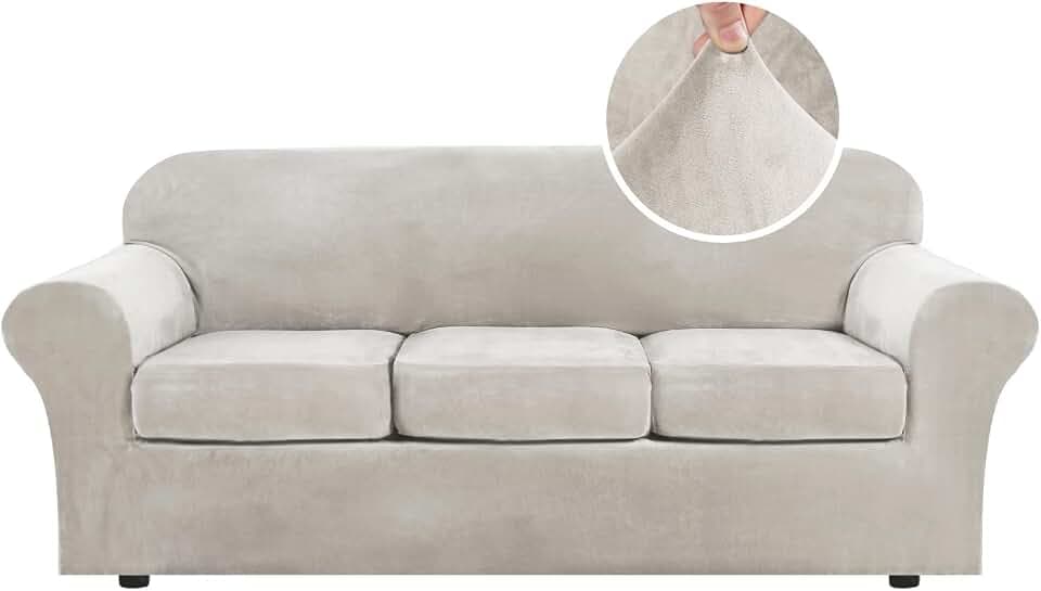 H.VERSAILTEX Modern Velvet Plush 4 Piece High Stretch Sofa Slipcover Sofa Cover Furniture Protector Form Fit Luxury Thick Velvet Sofa Cover for 3 Cushion Couch Width Up to 90 Inch (Sofa, Oatmeal)