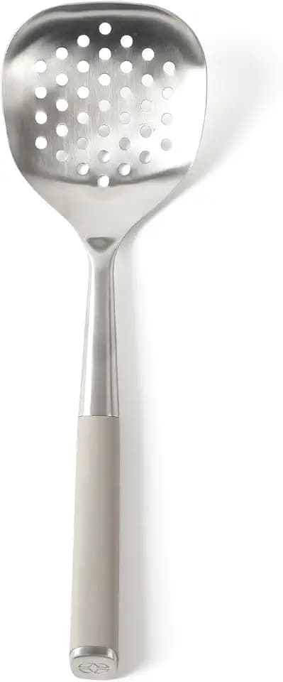 Calphalon Edge Stainless Steel Slotted Spoon/Skimmer, Kitchen Strainer Spoon, Skimmer with Silicone Heat Resistance Handle, Slotted Cooking Tool for Draining and Skimming (Taupe)