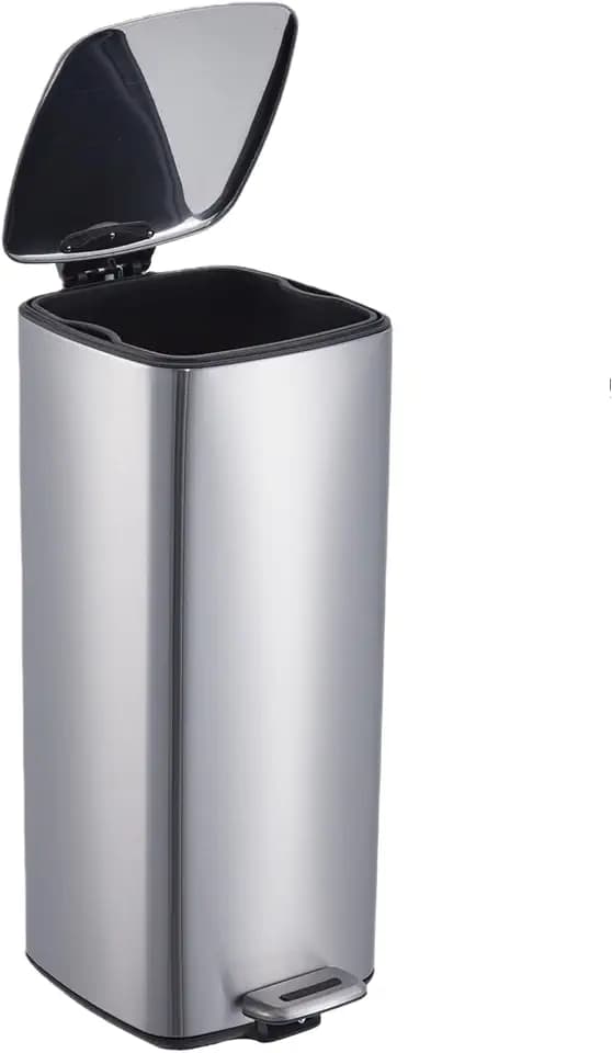 8 Gallon Trash Can, Stainless Steel Kitchen Garbage Can with Soft Close Lid and Removable Plastic Inner Bucket, Step On Metal Trash Bin, Square, Fingerprint Resistant, Silver