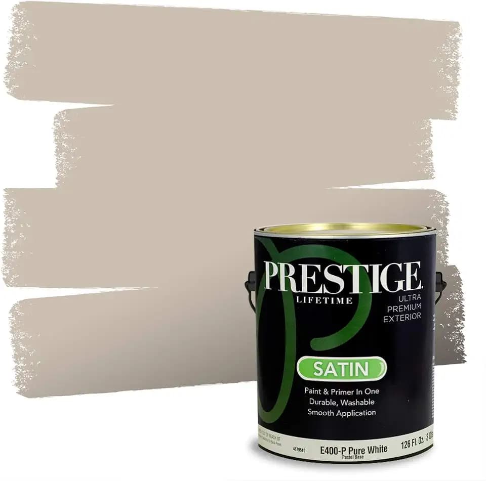 PRESTIGE Paints Exterior Paint and Primer In One, 1-Gallon, Satin, Comparable Match of Benjamin Moore* Ashen Tan*