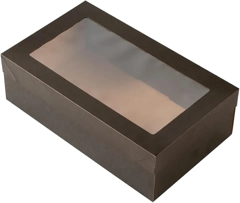 Restaurantware-Cater Tek 10.2 x 6.1 x 3.2 Inch Baked Goods Boxes, 10 Greaseproof Pastry Boxes - Window Lids, Insert Tab Lock, Black Paper Catering Box, Easy Assembly, For Charcuterie Or Cupcakes