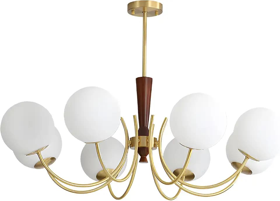 KCO Lighting 8 Light Gold Chandelier Mid Century Modern Globe Chandelier Brushed Brass Chandeliers for Dining Room Rustic Vintage Wood Chandelier Milk Glass Pendant Lights Kitchen Island, L1172-8