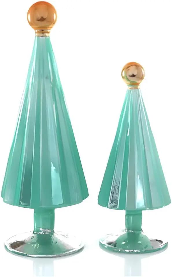 Cody Foster & Co Pleated Tree Small Moss Aqua Set of 2, Hand-Blown Glass Christmas Trees, Aqua with Gold Orb