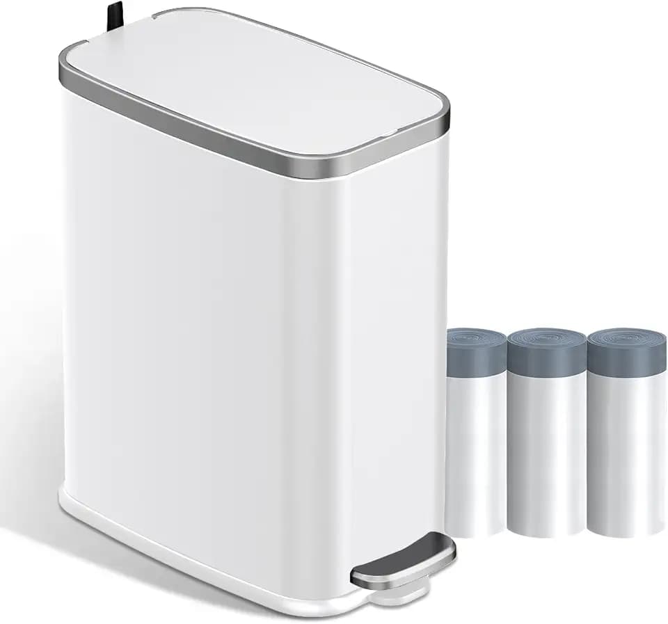KdbK Stainless Steel Bathroom Trash Can with Lid Soft Close,1.6 Gallon Slim Garbage can,Small Metal Step Wastebasket for Office, Bedroom, Toilet, White