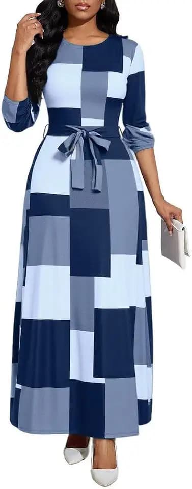 BubFee Long Dress for Women Casual Long Sleeve Dresses Maxi Dress Empire Waist Loose with Belt