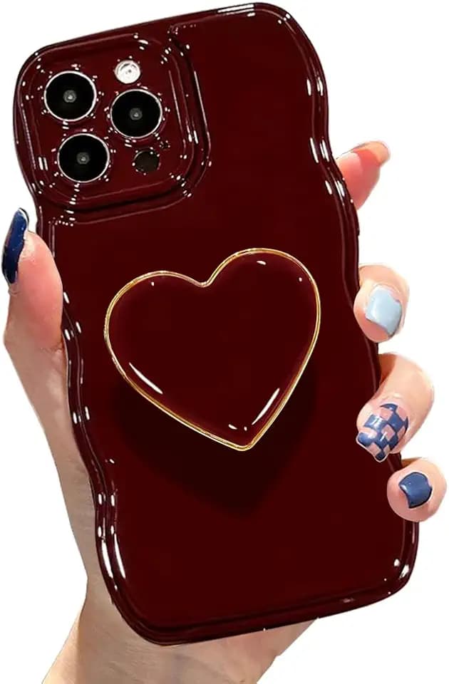 for iPhone 13 Pro Max Cute Case Curly Wavy Frame with Stand Wine Red