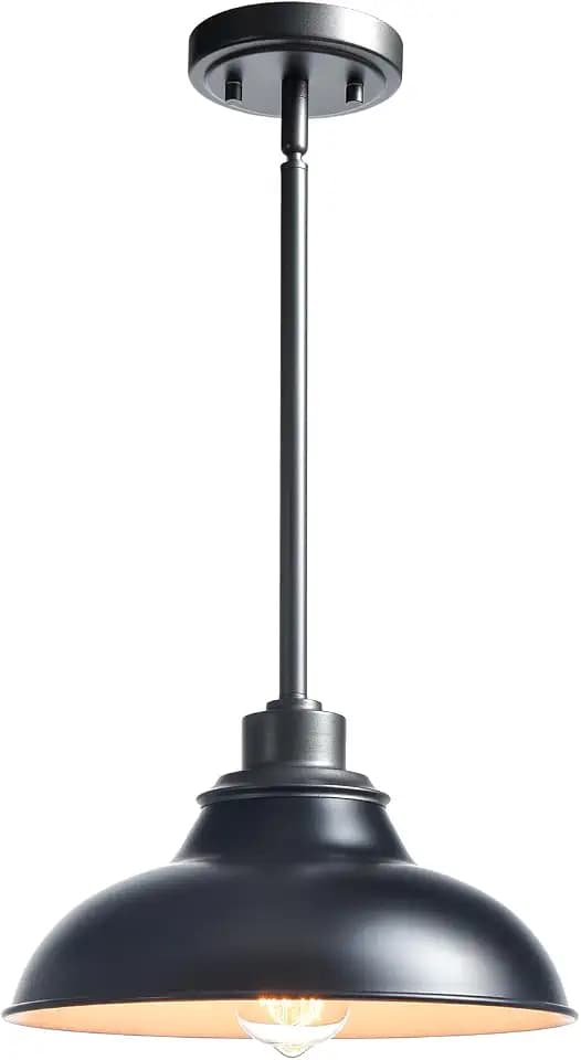 Farmhouse Pendant Light Fixture with Black Barn Shade Metal Rod