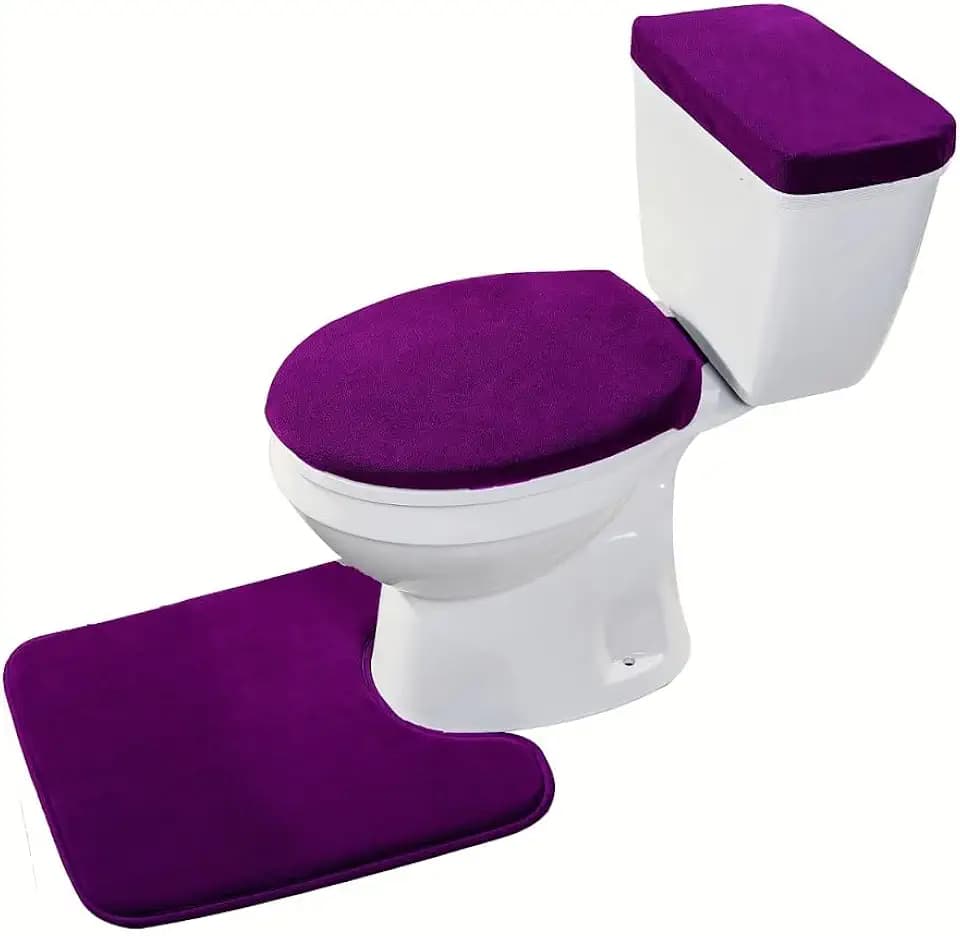Madeals Memory Foam Toilet Mat and Velvet Toilet lid Cover Set with Toilet Tank Cover Velvet 3 Piece Toilet Set Purple