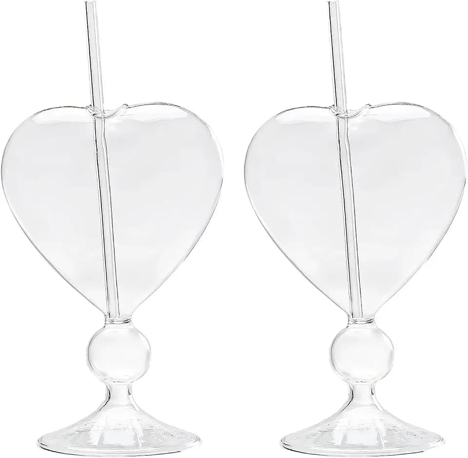 8 Oz Unique Cocktail Glasses Set of 2 Creative Heart Shaped Wine Glasses with Straw Romantic Drinking Glasses Juice Glasses for Wedding Home Bar Partys(Glossy)