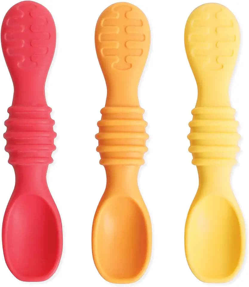 Bumkins Baby Utensil Set, Silicone Trainer Spoons for Dipping, Soft Tip, Self-Feeding, Chew, Baby Led Weaning, First Year Training Supplies, Essentials in Learning Eating, 4 Mos, 3-pk Red and Yellow